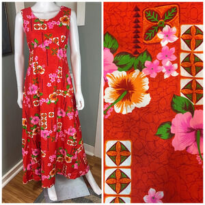Vintage 70s Royal Hawaiian Maxi Dress Hawaii Red Floral Hibiscus Cotton Tiki